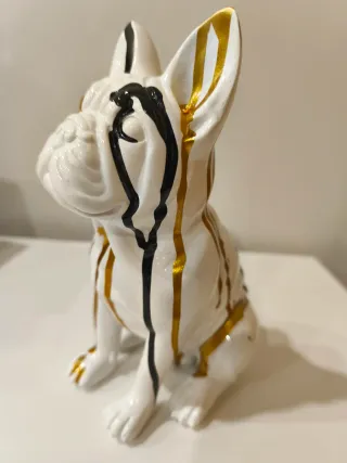 Figura Bulldog Francês Luxo Dourado e Branco