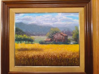 Cuadro paisaje rural con casa y campo