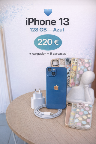 iPhone 13 128GB Azul + Cargador y 5 Fundas