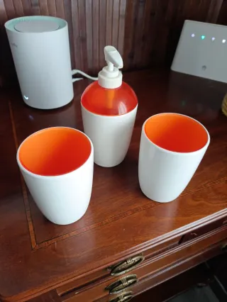 Accesorios baño moderno blanco y naranja 3 piezas