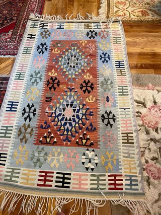 Kilim Turco Lana Azul Naranja medidas 105x 1’70