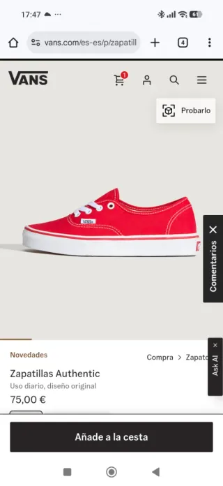 Zapatillas Vans Authentic Rojas Talla 44.