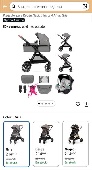 Carrito Bebé Kinderkraft 3 en 1 Gris