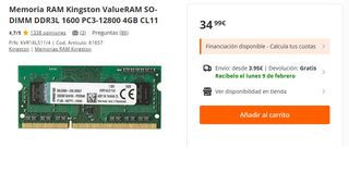 Memoria RAM Kingston DDR3L 4GB PC3-12800