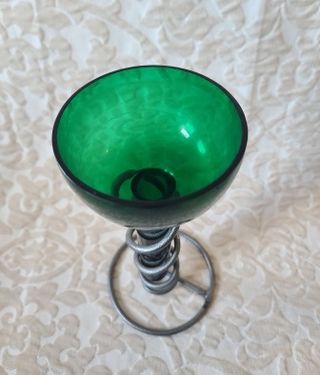 Conjunto Portavelas Vidrio Verde y Metal