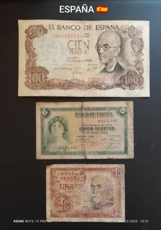 Billetes España 100, 5 y 1 Peseta