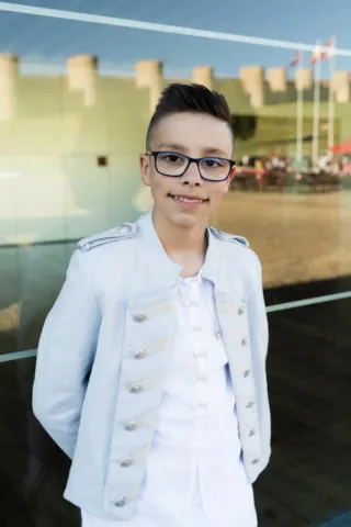 Traje comunión Hortensia Maeso blanco/ azul cielo