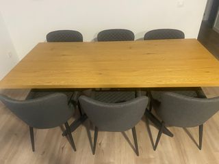 Mesa y 6 Sillas Comedor Madera y Tela