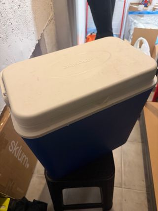 Nevera portátil azul y blanca