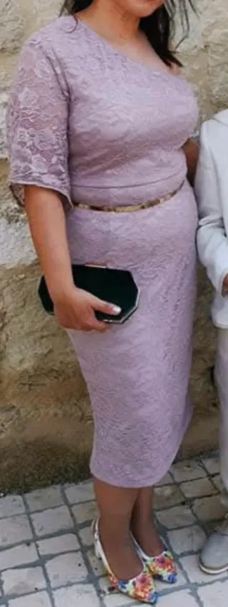 Vestido fiesta rosa encaje,una manga de campana