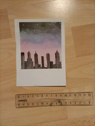 Pintura Skyline Atardecer Acuarela