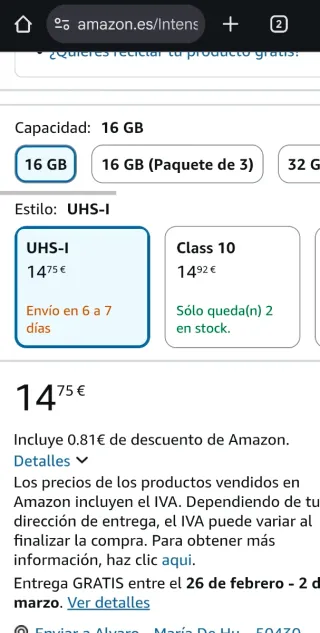 Tarjeta SDHC UHS-I premium Intenso 16GB