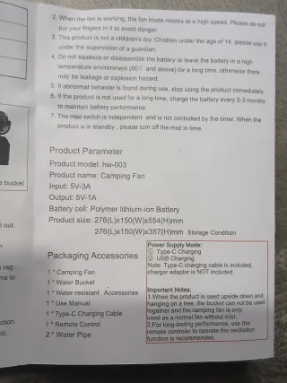 Ventilador portátil camping 20000 mAh