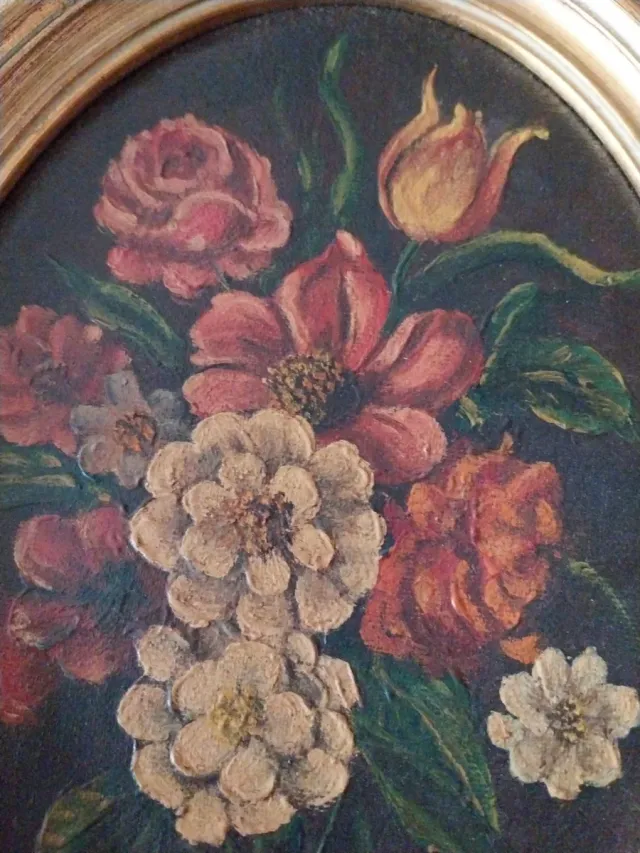 Pintura al óleo floral marco dorado