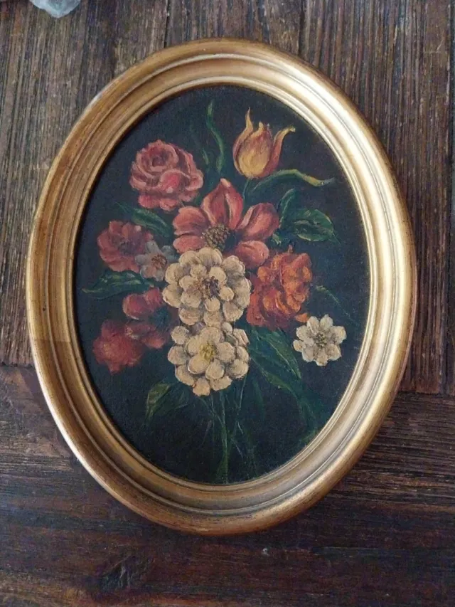 Pintura al óleo floral marco dorado