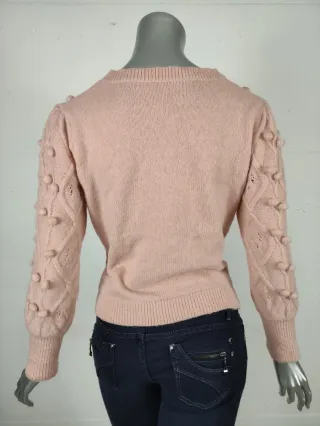 Pullover girocollo rosa con pomponcini