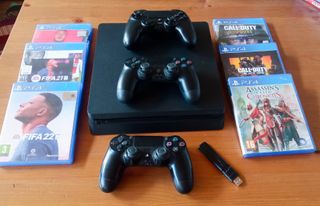 PS4 Slim Negra + 3 Mandos y Juegos