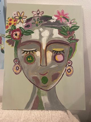 Cuadro pintado a mano mujer flores