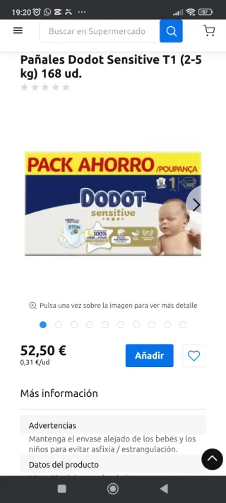 Pañales Dodot Sensitive T1 (2-5 kg) 168 ud.