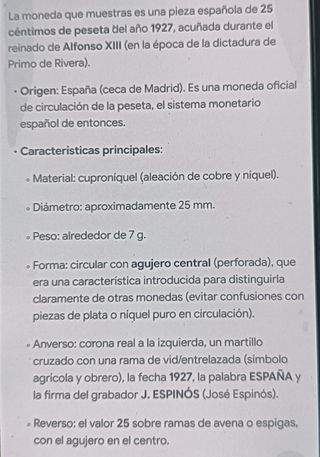 Monedas 25 céntimos Española 1927 40€/unidad