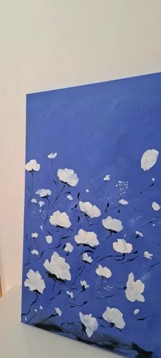 Cuadro pintura azul blanco flores abstractos