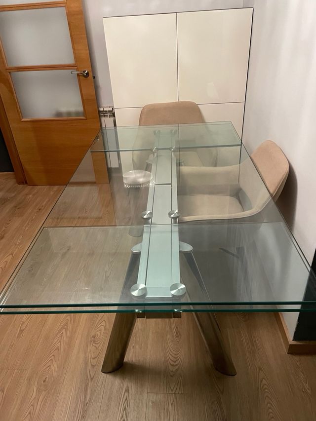 Mesa comedor cristal extensible acero porte inclu