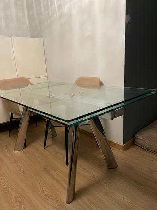 Mesa comedor cristal extensible acero porte inclu