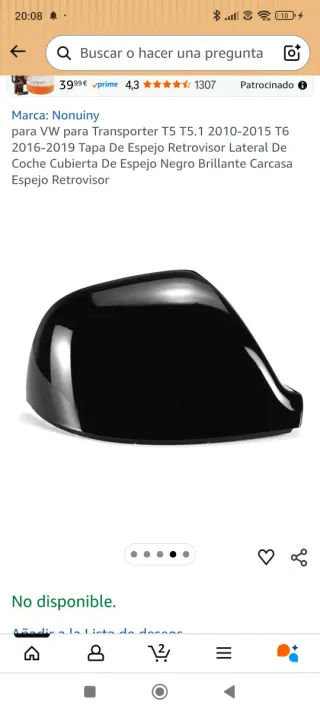 Cubiertas Espejos VW Transporter T5 T6 Negro