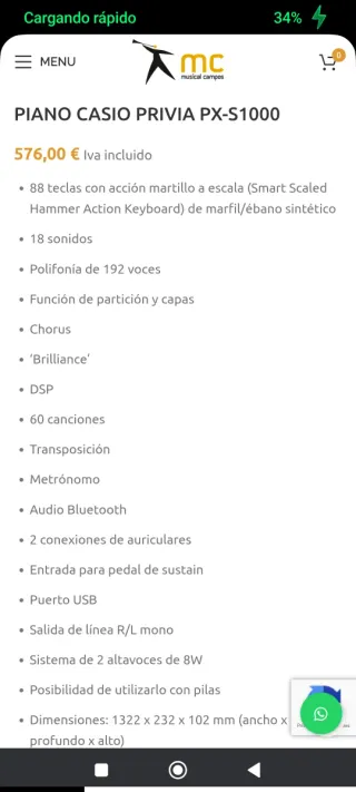 Piano Casio PX-S1000 con pedal y funda