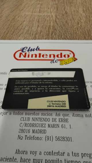 Carta y carnet socio Club Nintendo ERBE
