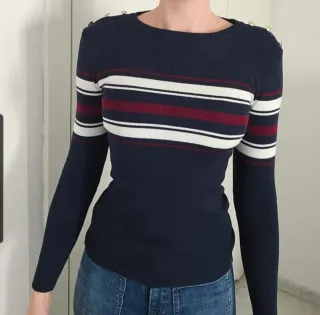 Jersey punto entallado rayas azul marino mujer