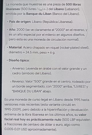 Moneda 500 Livres Líbano 2000