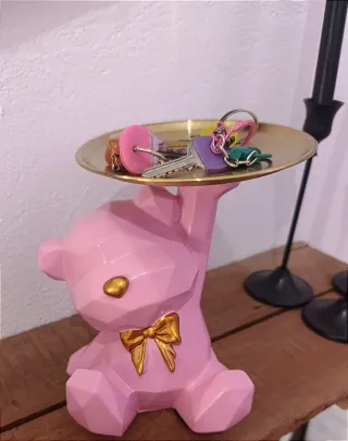 Oso rosa cerámica figura decorativa con bandeja