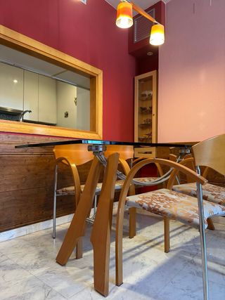 Mesa cristal comedor + 4 sillas madera/metal