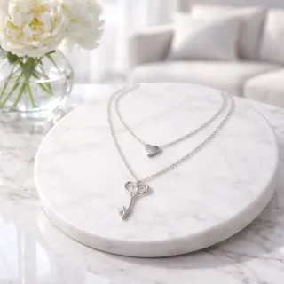 Collar Doble Cadena Corazón y Llave Plata