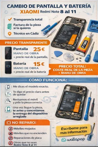 Cambio de pantalla/batería XIAOMI Redmi Note 8-11