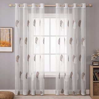 Cortinas Visillo Hojas Marrón y Blanco