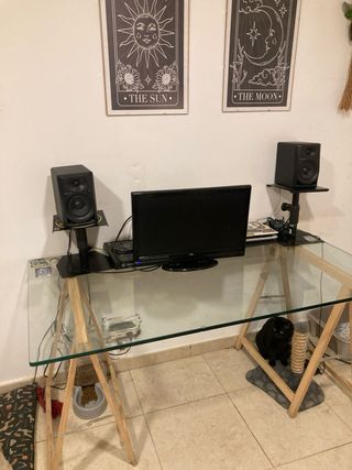 Mesa cristal y madera despacho/dormitorio