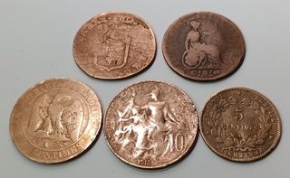 Lote 5 monedas cobre Francia antiguas