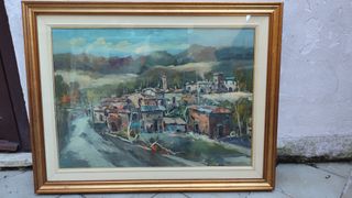 Quadro olio paesaggio villaggio italiano