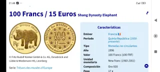 Moneda oro Elefante Shang 1996 RF