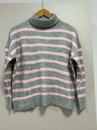 Jersey cuello alto rayas gris y rosa Talla M