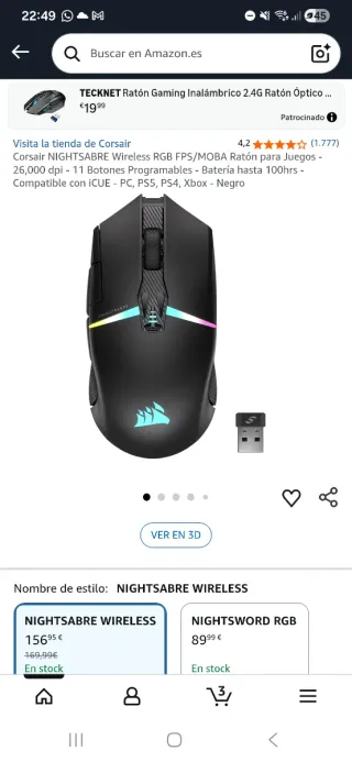 Ratón Gaming Corsair Nightsabre Wireless RGB