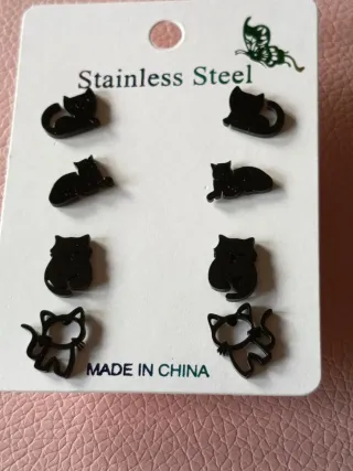 Pendientes Gato Acero Inoxidable Negro