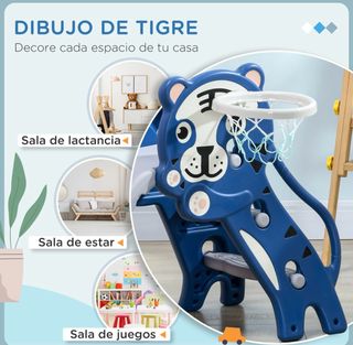 Parque infantil azul con tobogán y canasta