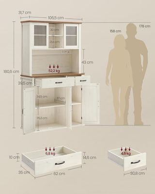 Credenza de Cocina Con Luz Y Toma de Corriente, Mueble Despensa de Cocina Con Puertas y Cajón, 39,5 X 106,5 X 180,6 Cm, Con Estantes Regulables, Estilo Campestre, Blanco Vintage y Marrón Miel BBK3...