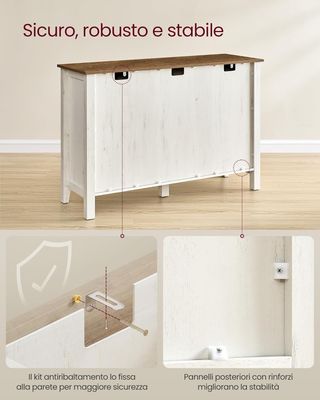 Credenza Cocina, Mueble Con 3 Cajones, Mueble Con Puertas Y Estante Regulable En Altura, Estilo Farmhouse, Para Sala De Estar Comedor, Blanco Rústico Y Nogal Medio BBK371W02V1