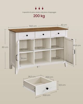 Credenza Cocina, Mueble Con 3 Cajones, Mueble Con Puertas Y Estante Regulable En Altura, Estilo Farmhouse, Para Sala De Estar Comedor, Blanco Rústico Y Nogal Medio BBK371W02V1