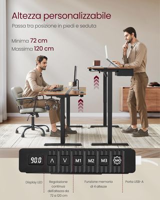 Escritorio Eléctrico Regulable en Altura, Tablero de Mesa 70 X 160 Cm, Regulable de Forma Continua, Función de Memoria con 4 Alturas, Marrón Vintage y Negro Tinta LSD116X01