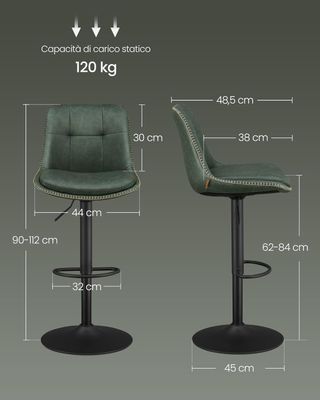 Conjunto De 2 Taburetes De Bar, Sillas De Bar Giratorias Regulables En Altura, PU Acolchado, Sillas De Cocina Con Respaldo Y Reposapiés, Comedor, Barra, Acero, Verde Bosque LJB095C01